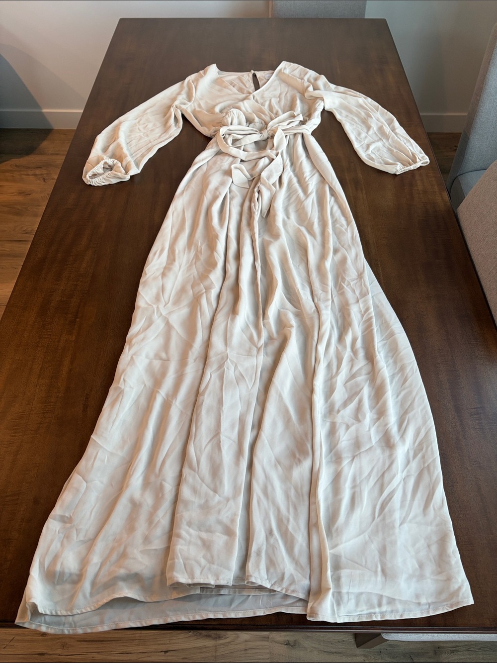 RSVP Cream Long Sleeve Wrap Maxi Dress with Tie Waist